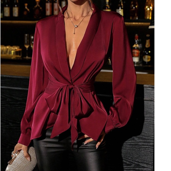 Tops - Luxe Satin Plunging Neck belted Long Sleeve Blouse